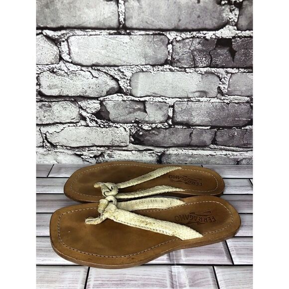 Salvatore Ferragamo Ivory Leather SnakeSkin Flip Flops Sandals Women Sz 8D US/39 - Picture 14 of 16